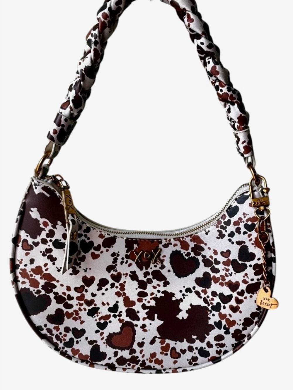 Betsey Johnson White Brown Black  Cowspot Hearts Crescent Shoulder Bag